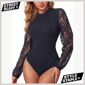 Large Sheer Lace Long Sleeve Bodysuit Slim Fit Ribbed Crew Neck